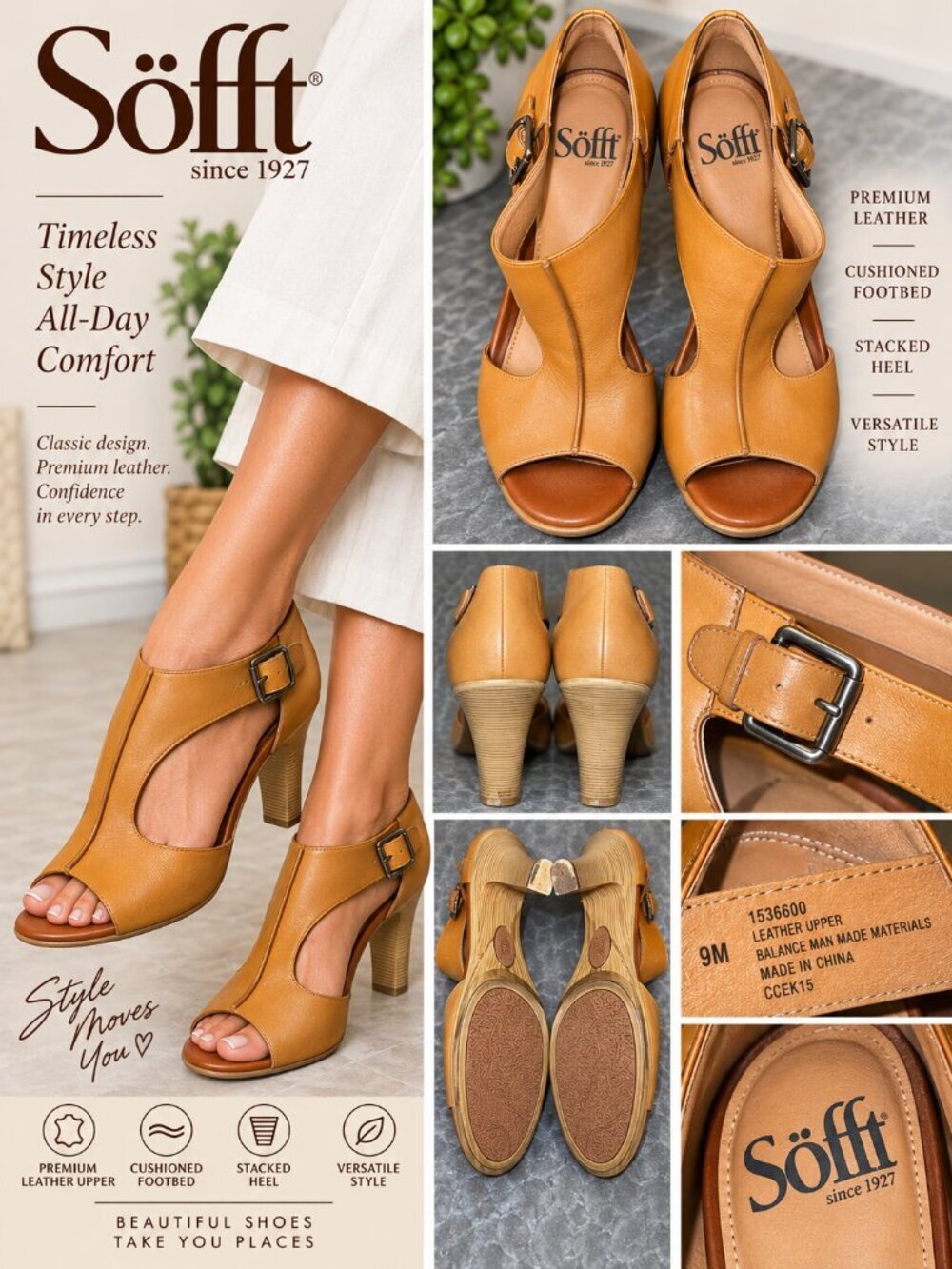 Söfft Tan Leather Peep Toe T-Strap Heels Women’s 9M Buckle Sandals